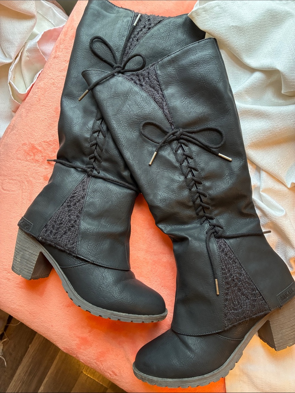 Muk Luks Black Mid-Calf Block Heel Boots with Lace-Up/Sweater Details- Size 8
